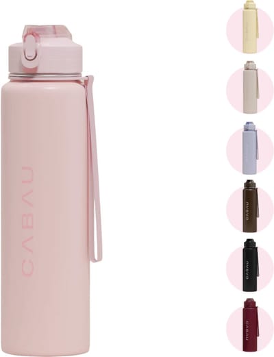 Cabau – Bloom Waterfles Staal – 870 ml – Pink – Roestvrijstalen Drinkfles met Rietje – BPA-vrij & Lekvrij – Thermosfles voor Sporten, Werk en Onderweg