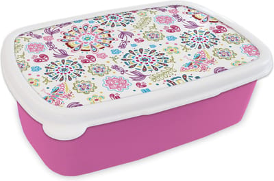 Broodtrommel Roze - Lunchbox - Brooddoos - Regenboog - Bloemen - Vlinder - Design - 18x12x6 cm - Kinderen - Meisje