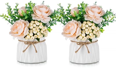 Tafeldecoratie, kunstbloemen, vaas, klein champagnekleurig kunstbloemstuk, 2 bloemstukken voor op tafel, bloemstukken voor in de keuken of eetkamer, decoratie, bloemen in vaas, zijden rozen
