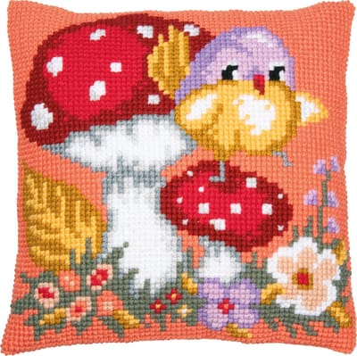 Vervaco - Kruissteekkussen kit - Vogeltje op paddenstoel - PN-0205281 - Borduren - Borduurpakket - Borduurpakket volwassenen - Borduurpakket kind