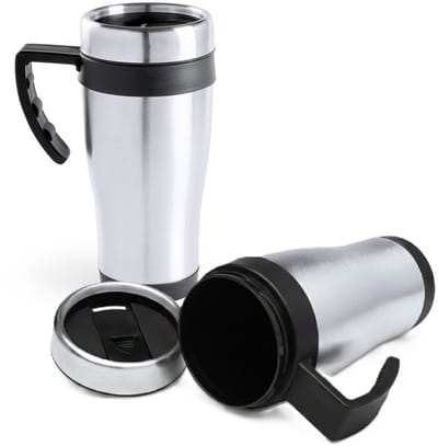 Benson Warmhoudbeker - 2x - thermos - isoleer koffiebeker - mok - RVS - zilver/zwart - 450 ml - Reisbeker