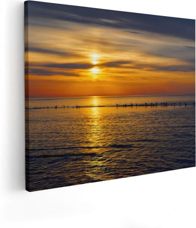 Artaza Canvas Schilderij Zee En Strand - 50x40 cm - Wanddecoratie Zonsondergang - Muurdecoratie Vogels - Kamer Accessoires