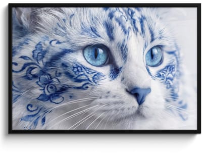 Poster in lijst - Fotolijst 120x80 cm - Posters - Kat - Patroon - Blauw - Posterlijst zwart - Decoratie - Wanddecoratie woonkamer - Muurdecoratie slaapkamer