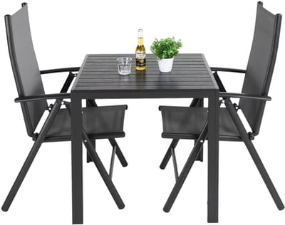 Patio dinerset – Voor tuin, terras & zwembad – 1 buitentafel & 2 verstelbare textilene stoelen – All Black