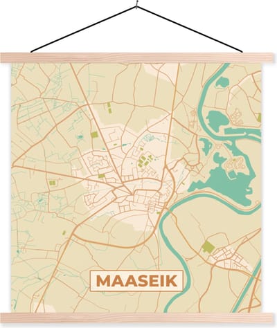 Posterhanger incl. Poster 40x40 cm - Schoolplaat - Plattegrond - Kaart - Stadskaart - Maaseik - België - Textielposter - Blanke latten - Stadskaart