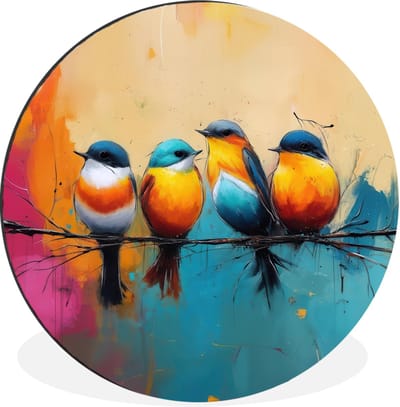 WallCircle - Wandcirkel - Muurcirkel - Vogels - Kleurrijk - Tak - Abstract - Aluminium - Dibond - 30x30 cm - Binnen en Buiten