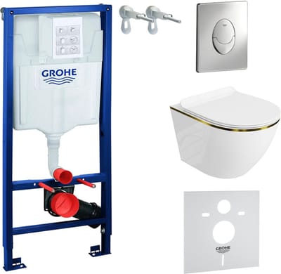 Inbouwreservoir Complete Toiletset Grohe Solido 39069000 - Inbouw WC Hangtoilet Wandcloset Sofi Slim Gold Line - Bedieningsplaat Skate Air Chroom - Voorwandelement - Installatiesysteem