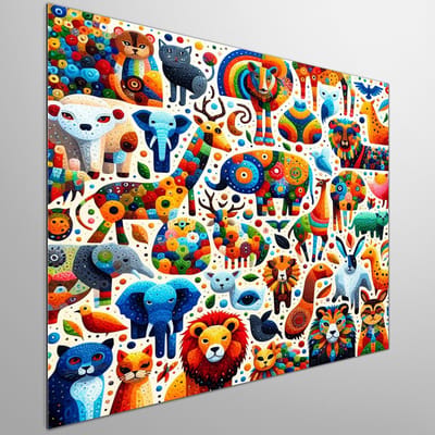 Acryl dieren schilderij | Levendige dierentuin: een kleurrijk acryl meesterwerk van fauna | Kunst - 100x100 centimeter op Dibond | Foto op Dibond