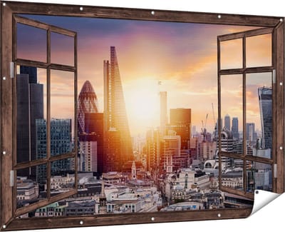 Gards Tuinposter Doorkijk Londen Stad bij Zonsopgang - 180x120 cm - Tuindoek - Tuindecoratie - Wanddecoratie buiten - Tuinschilderij