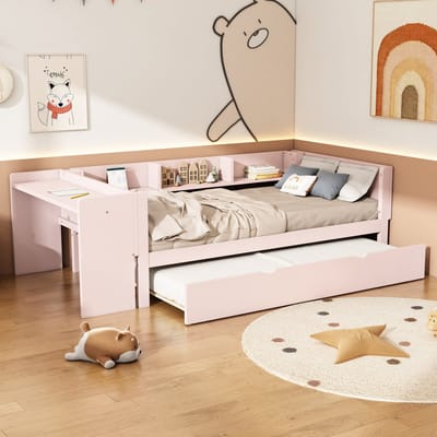 Bed 90x200 cm - Met Uitschuifbed En Bureau - Drie Zijplanken - Hout - Roze
