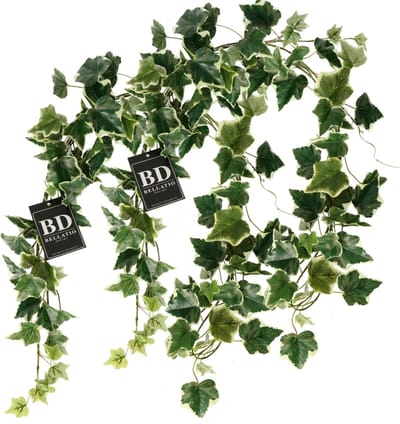 Bellatio Design kunstplant/hangplant slinger - 2x - Klimop/hedera - groen/wit - 180 cm - lang - planten guirlandes