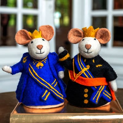Poppen Vilt Set - Muis Koning & Koningin Willem Alexander en Maxima Koningsdag - Blauw/Zwart/Oranje - 17x11cm