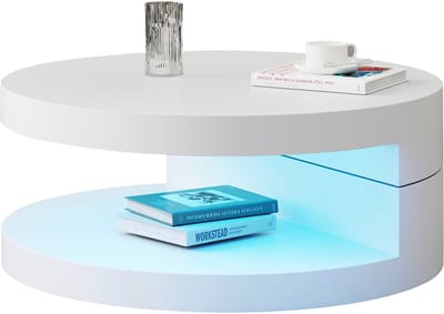 Salontafel Wit - Ronde Woonkamertafel - 360 Graden Draaibaar - Met LED Verlichting - 2 Lagen Opbergruimte - Voor Woonkamer - 70x70x35,5cm - Wit