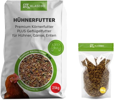 Biologische Kuikenvoer Starter Set met 25kg Niet-GMO Kippenvoer & 5kg Gedroogde Insectenlarven voor Hoogwaardige Proteïne, Calcium en Sterke Eierschalen