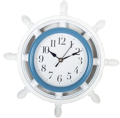 Gerimport Wandklok - stuurwiel - 33 cm - wit met blauw - nautisch - zee - maritiem thema - klok