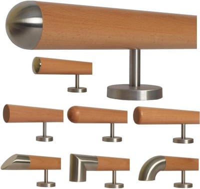 Beuken trapleuning - Houten handgreep - Veilig traplopen - Roestvrijstalen houders - 110 cm - Natuurlijk hout