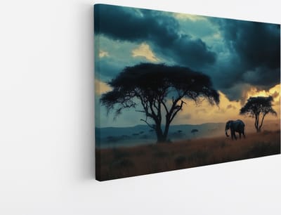 Saammp Canvas Schilderij - Olifant in de serangeti - Storm - Dieren - 45x30 - Foto op canvas - Wanddecoratie - muurdecoratie Woonkamer - Slaapkamer decoratie - Canvas Print