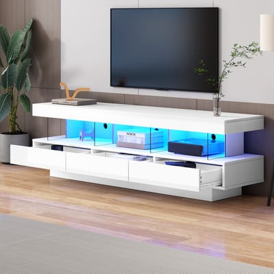 DESMIU Tv Meubel - Hoogglans Met Ledverlichting En Appbediening - Voor Woonkamer En Televisies Tot 70 Inch - Spaanplaat En Glas - 160x38x50,5 Cm - Wit