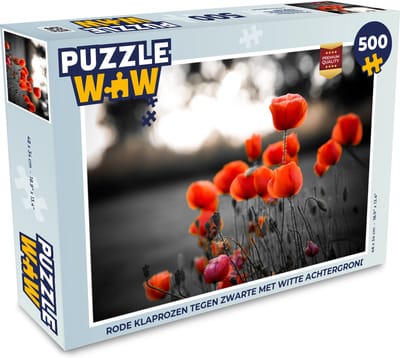 Puzzel Rode Klaprozen tegen zwarte met witte achtergrond - Legpuzzel - Puzzel 500 stukjes