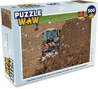 Puzzel Meeuwen volgen de tractor terwijl de boer het land omploegt - Legpuzzel - Puzzel 500 stukjes