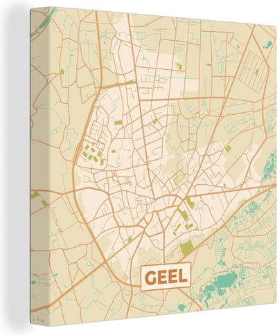 Canvas Schilderij Kaart - Retro - Stadskaart - Plattegrond - Geel - 20x20 cm - Wanddecoratie