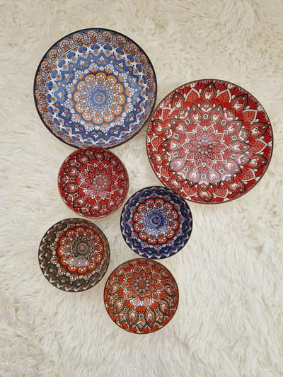 Serviesset - 4 schaaltjes 2 grote schalen - Handgemaakte keramische schaaltjes - Schaaltjes - Servies - bohemian schaaltjes