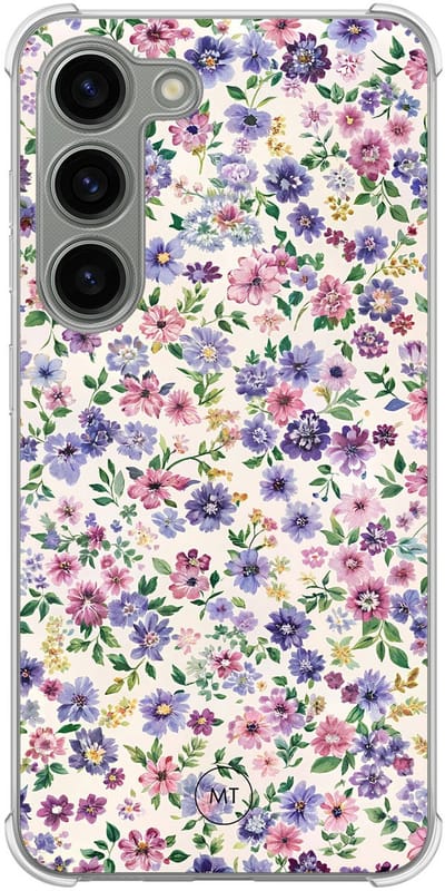 Hoesje (shockproof) geschikt voor Samsung Galaxy S23 - Paarse bloemen - Extra sterke case - TPU/polycarbonaat - Bloemen - Paars, Transparant