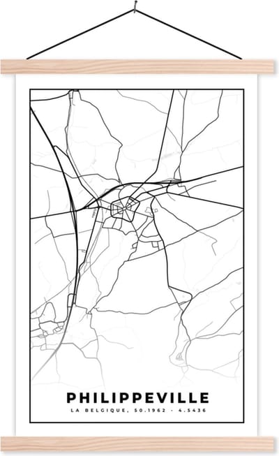 Posterhanger incl. Poster 40x60 cm - Schoolplaat - Zwart Wit – België – Plattegrond – Stadskaart – Kaart – Philippeville - Textielposter - Blanke latten - Stadskaart