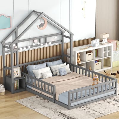 Sweiko Sweiko Kinderbed - 140 x 200cm - met Uitvalbeveiliging - Huisbed - met Nachtkastje - Zonder matras - Grijs