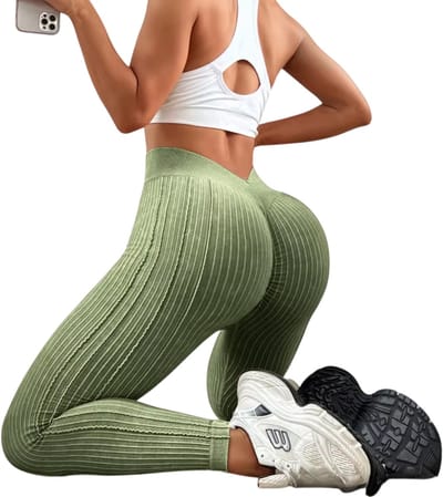 Dames High Waist Legging – Geribbelde Yoga Legging, Fitness Broek, Sportlegging, Squat Proof Legging met V-vorm Tailleband en Peach Lift Effect voor Workout, Sport en Fitness - Groen - Maat S