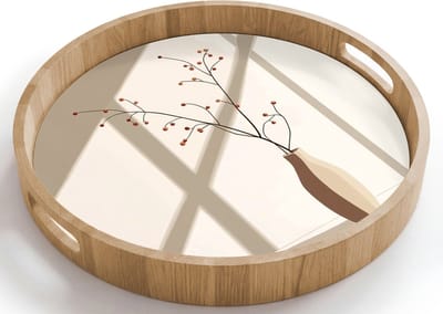 Dienblad rond 40x40 cm - Schootdienblad hout - Vaas - Takken - Bessen - Minimalistisch - Borrelplank rechthoek - Plateau houten dienbladen
