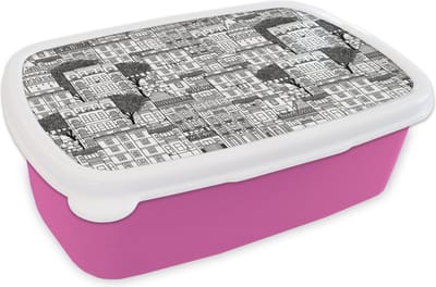 Broodtrommel Roze - Lunchbox - Brooddoos - Patroon - Huizen - Steden - 18x12x6 cm - Kinderen - Meisje