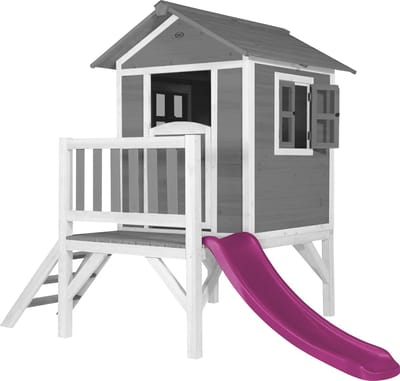 AXI Beach Lodge XL Speelhuis in Grijs met Paarse Glijbaan - Speelhuis op palen met veranda gemaakt - FSC hout - Klein speeltoestel voor de tuin