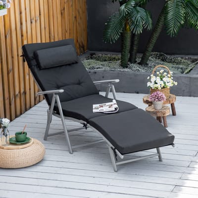 OKWISH Ligbed 137 x 63,5 x 100,5 cm - 7-Standen Verstelbare Rugleuning En Inklapbaar Met Kussen - Voor Tuin Balkon Camping En Strand - Metaal - Zwart