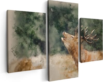 Artaza Canvas Schilderij Drieluik Hert Aquarel - Abstract - 90x60 - Foto Op Canvas - Canvas Print