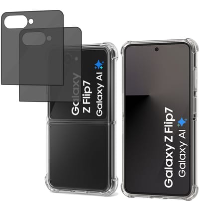 ChiGuard Hoesje & 2x Privacy Screenprotector geschikt voor Samsung Galaxy Z Flip 7 Hoesje Screenprotector - Gehard Glas Cover + Shock Proof Case - Transparant