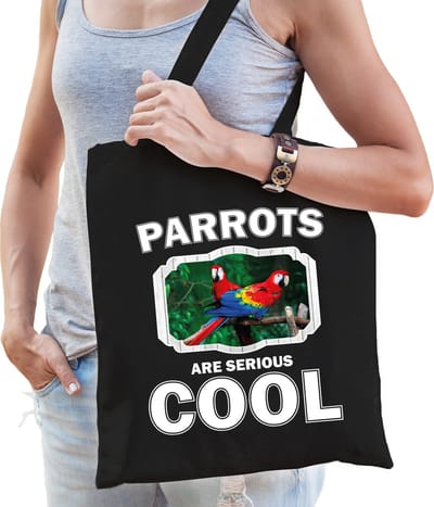 Dieren papegaai katoenen tasje volw + kind zwart - parrots are cool boodschappentas/ gymtas / sporttas - cadeau papegaaien fan