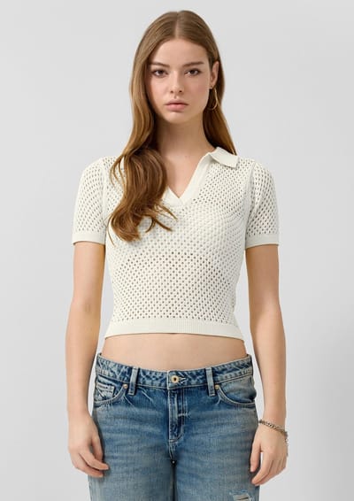 Polo met korte mouwen met ajourmotief voor vrouw QS Slim Fit