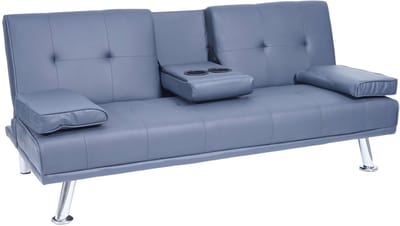 3-zits bank MCW-F60, slaapbank logeerbed, verstelbare bekerhouder 97x166cm ~ kunstleer, donkerblauw