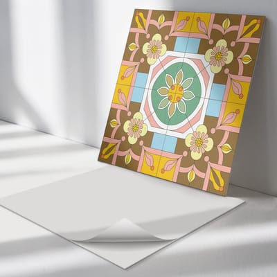 Wallfluent Vinyl Tegels - Bloemenpatroon op De Achtergrond Vloer Tegels PVC - 30 cm x 30 cm - Geel PVC Tegels - 9 stuks - Vierkant PVC Tegels - Patroon Plaktegels - Zelfklevende PVC Tegels - Plaktegels Keuken en Badkamer