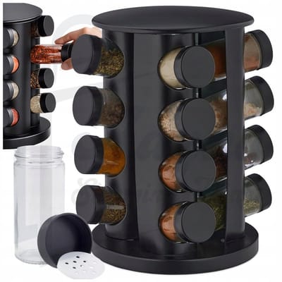 Draaibaar Kruidenrek met 12 Glazen Kruidenpotjes 80 ml – 360° Spice Organiser met Strooidoppen – spice rack 12 potjes – kruidenpotjes met rek – draaiend kruidenrek – kruiden organizer – zwart – 77956