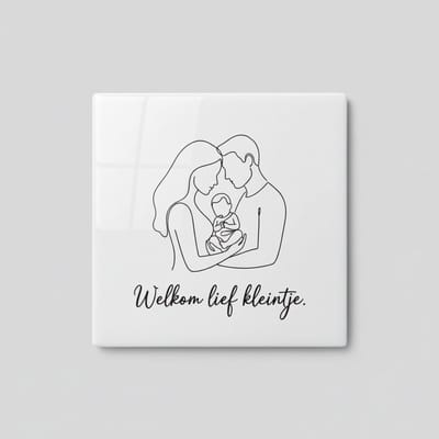 Welkom Baby Keramische Tegel “Welkom lief kleintje” – Minimalistische Familie Lijntekening, Kraamcadeau, Woondecoratie Tegel 15 x 15 cm
