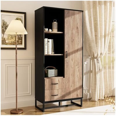 ModernLuxe Moderne vitrine voor de woonkamer 80x40x180 cm - zwarte structuur - met 1 deur - 2 lades - 3 open vakken - zwart + natuur