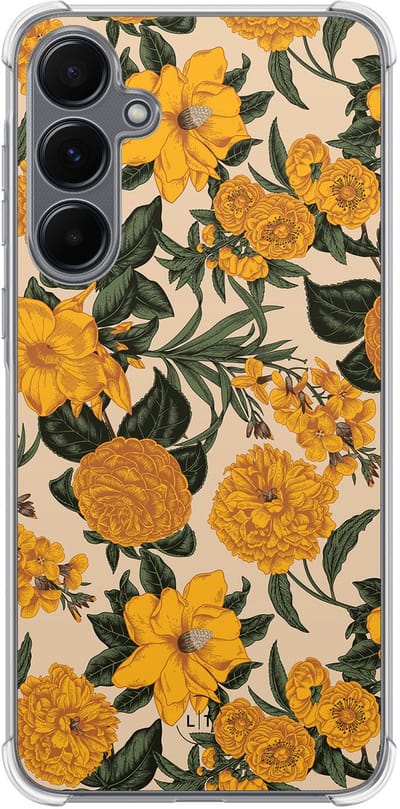 Shockproof hoesje - Geschikt voor Samsung Galaxy A55 - Retro flowers - Extra sterke case - TPU/polycarbonaat - Bloemen - Geel, Transparant