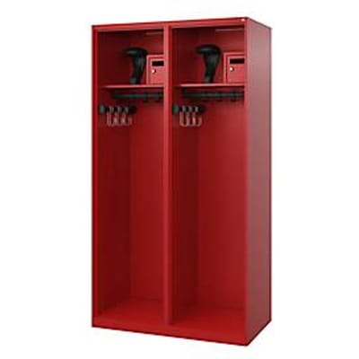 Brandweerkluis C+P Evolo Flexo, 2 vakken, met helmhouder, vloerglijders, B 1000 x D 500 x H 1850 mm, RAL 3000 vuurrood