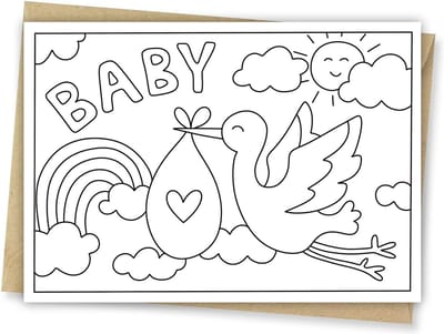 Inkleurkaart Baby - Baby geboren - Geboortekaart - Kinderkaart - Kaarten om zelf in te kleuren - DIY - Inclusief kraft envelop