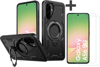 Hoesje Geschikt voor Samsung Galaxy A56 met 2 Stuks gehard glas Screenprotectors - Armor hoes met Ringhouder - Arara backcover - Zwart