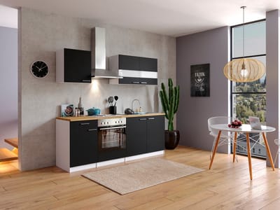 Goedkope keuken 210 cm - complete keuken met apparatuur Malia - Wit/Zwart - soft close - elektrische kookplaat - afzuigkap - oven - spoelbak