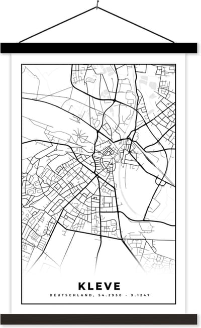 Posterhanger incl. Poster 40x60 cm - Schoolplaat - Plattegrond - Kaart - Kleve - Stadskaart - Textielposter - Zwarte latten - Stadskaart