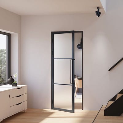Schulte complete glazen binnendeur - 90x201 - atelier - mat zwart - mat glas -3 vakken-tirant gauche